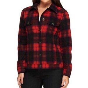 Isaac Mizrahi Live Fleece Trucker Jacket Size Small Red Plaid